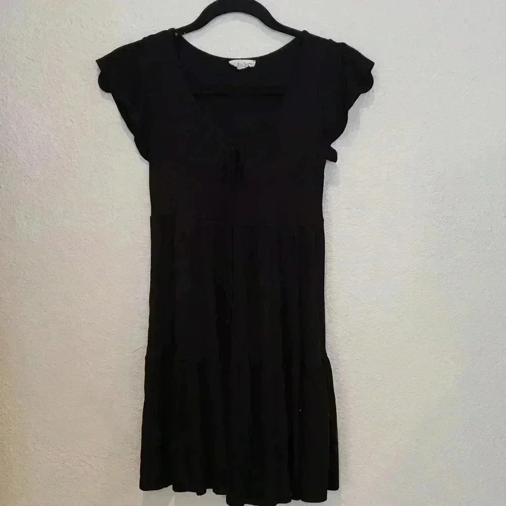 See you Monday Black Short Sleeves Tiered  Mini Dress  Size S